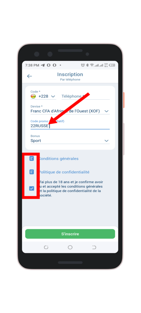 Remplir le formulaire avec le code promo 22RUSSE