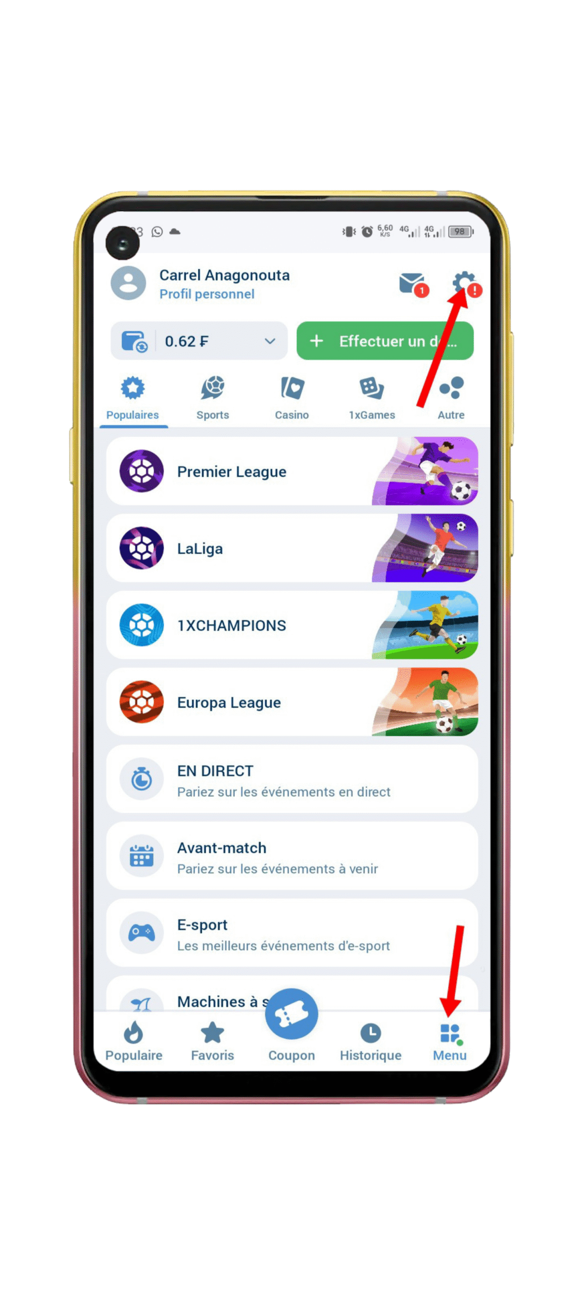 Accédez aux paramètres 1xbet
