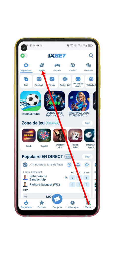 Cliquez sur le menu "Sport"