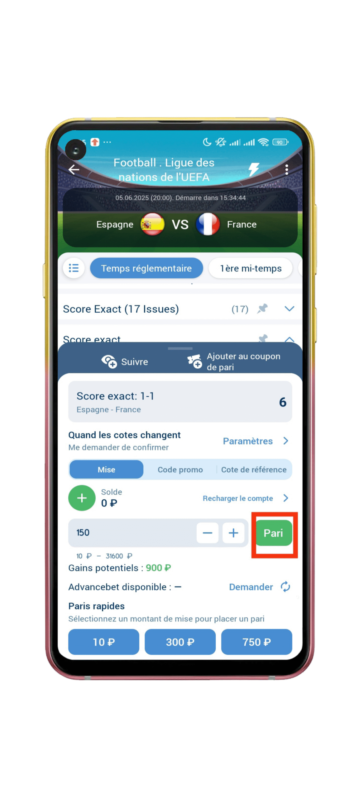 Cliquez sur le bouton « Pari » pour confirmer et finaliser votre mise.