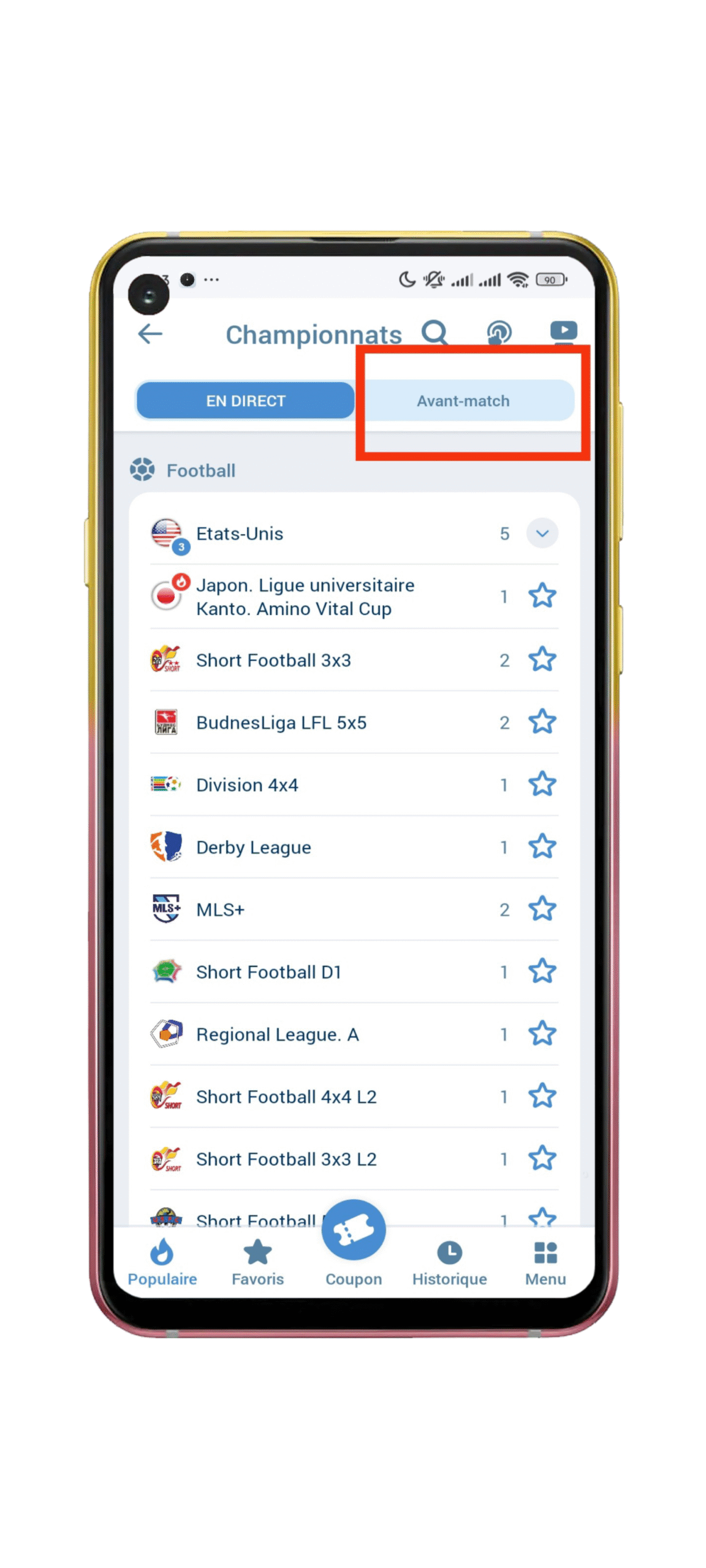 Cliquez sur « Avant Match »