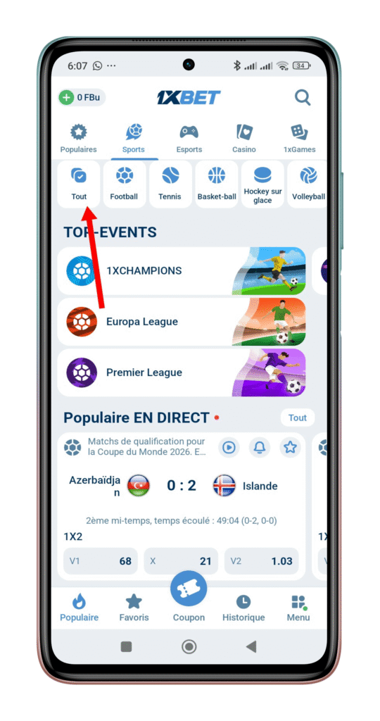 Cliquer sur “Tous les sports”