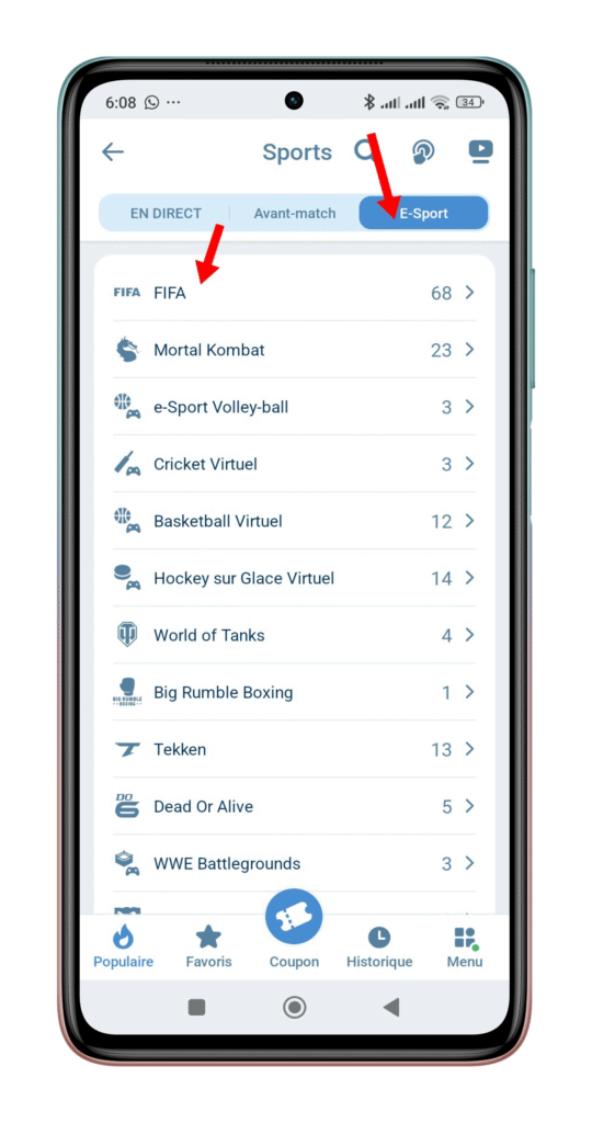 Choisir “E-sport” puis “FIFA”