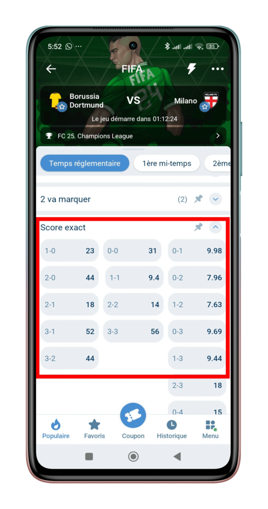 Voir les scores exacts du match choisi