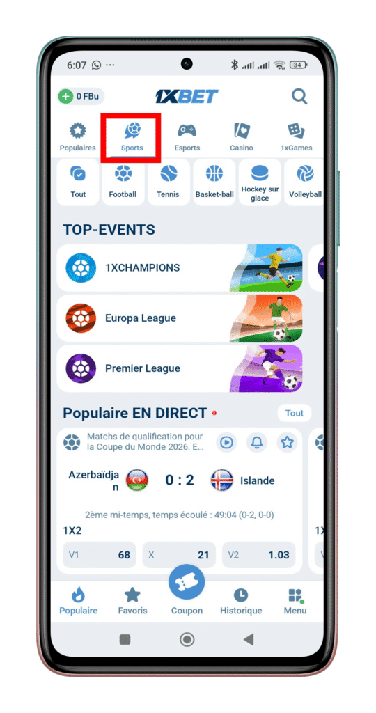 Accéder à la section “Sport”