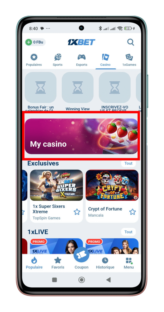 Cliquer sur “My Casino”