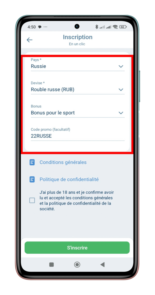 Remplir le formulaire et ajouter le code promo 1xbet russe "22RUSSE"