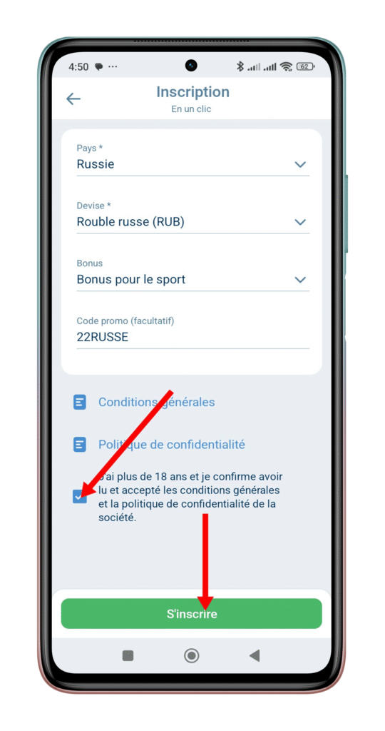 Accepter les conditions et cliquer sur "s'inscrire"
