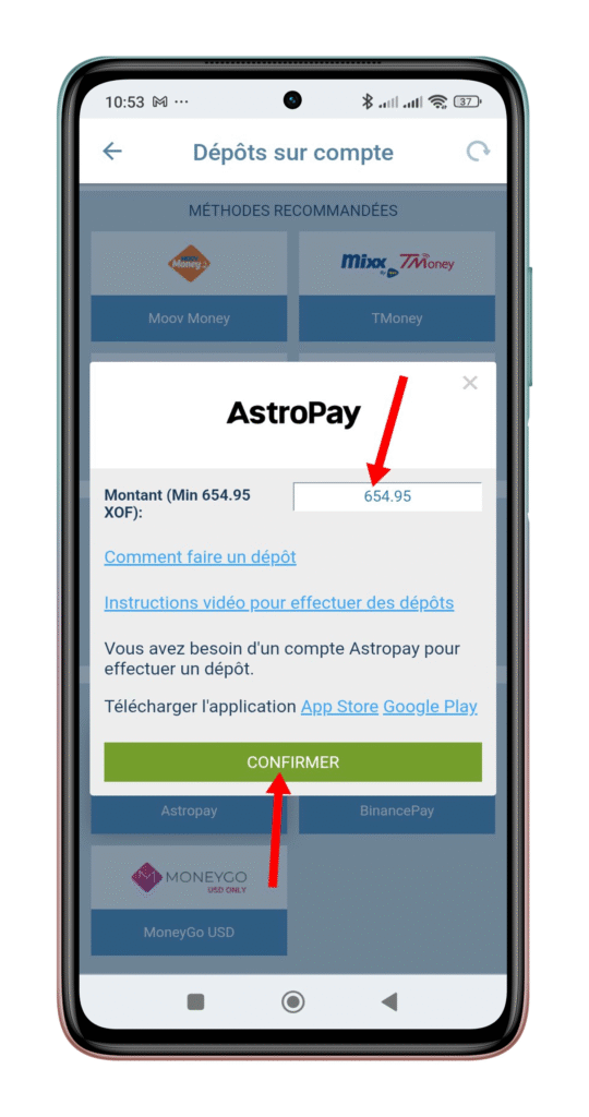 Entrer le montant à déposer et confirmer